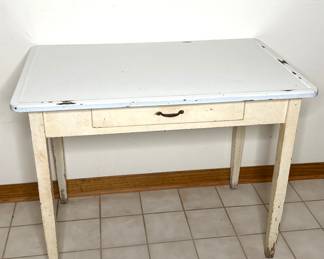 Enamel Table With Drawer on Solid Wood Base 