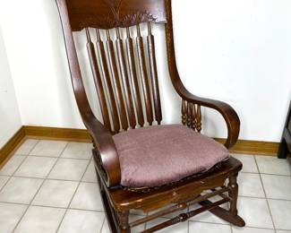 Antique Carved Back Rocker With Cushion 