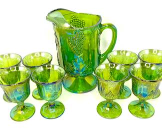 Vintage Indiana Green Carnival Glass Pitcher and 6 Goblets 