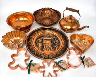 Copper Lot - Bowls, Tea Kettle, Cookie Cutters, Molds 