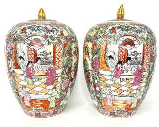 Set of 2 Chinese Hand Painted Porcelain Ginger Jars With Lids - 12" Tall 