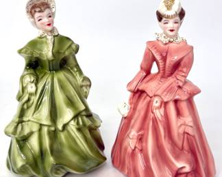 1950's Set of 2 Green and Pink Victorian Inspired Figurines by Florence Ceramics 