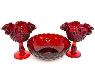 Vintage Fenton Ruby Red Hobnail Goblets and Anchor Hocking Bubble Bowl 