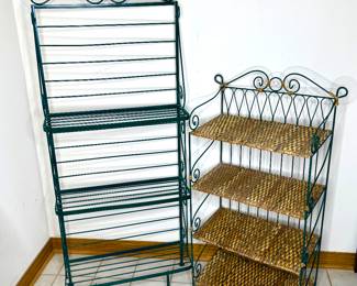 Green Wrought Iron Shelf Rack Set - Bakers Rack and Rattan Shelf 