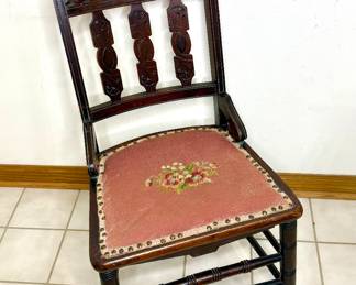 Antique Hand Carved Solid Wood Chair With Needlepoint Cushion 