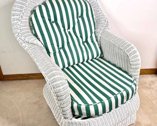 White Wicker Chair with Green And White Striped Cushions 