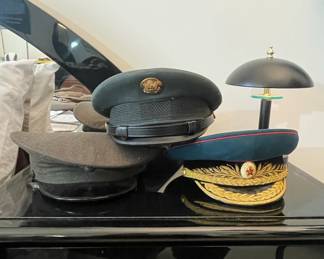 Collection of Military Style Caps US Army Officer Cap, Grey Wool Cap, and SovietStyle Dress Cap