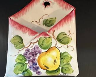 Italian Ceramic Envelope Wall Pocket Vase with Grapes and Pear Motif