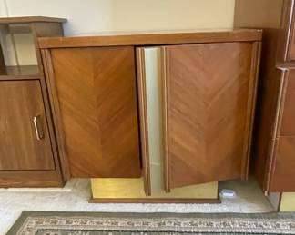 MidCentury Modern Walnut Credenza with Chevron Inlay and Gold Recessed Base