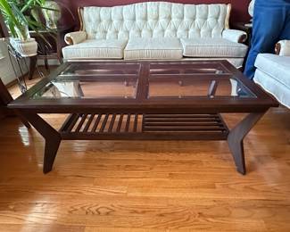  Walnut and Glass Coffee Table with Slatted Shelf