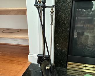 Vintage Black Metal and Brass Fireplace Tool Set