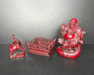 Red Resin Buddha Figurine with Horse and Incense Burner