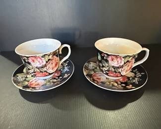 Pair of Vintage Black Floral Teacups and Saucers