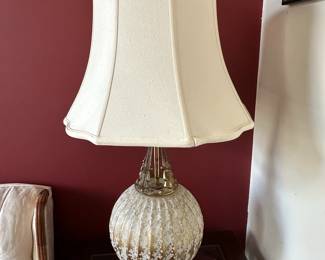 Vintage Frosted Glass Table Lamp with Ornate Brass Base and Lace Overlay
