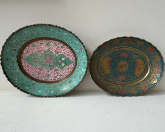 Pair of Vintage Enamel Decorated Brass Plates Indian Meenakari