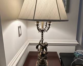 French Ormolu Stlye Bronze Cherub Lamp with Marble Base 