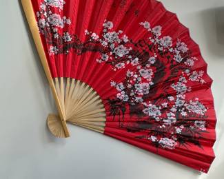 Vintage Red Silk Folding Fan with Plum Blossom Design