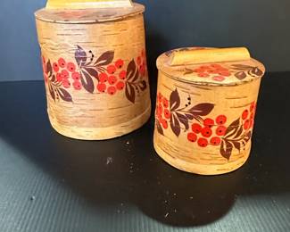 Set of Two Vintage Birch Bark Boxes with Red Berry Decoration