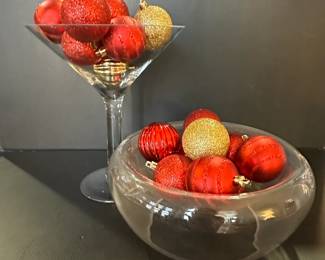 Red and Gold Glitter Christmas Ornaments in Glass Bowls