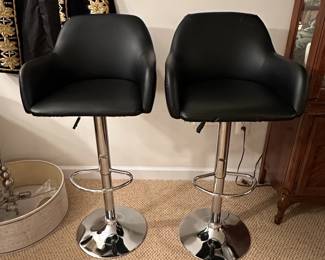 Set of 2 Modern Adjustable Height Bar Stools with Black Faux Leather and Chrome Base
