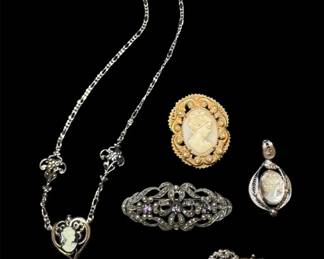 Vintage Sterling Silver Art Deco Jewelry Lot Shell Cameos, Marcasite  Filigree