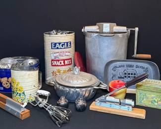 Vintage Ice Cream Maker, Cookie Cutters, Aluminum Measuring Cups And More