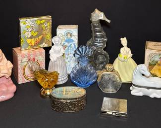 Vintage Avon Perfume Vanity Collection  Rare Figural Bottles, Czech Art Glass  Trinket Boxes