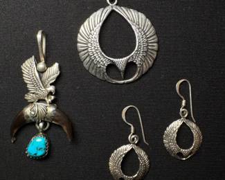 Exquisite Sterling Silver Collection Eagle, Claw and Turquoise Pendant and Winged Heart Earrings