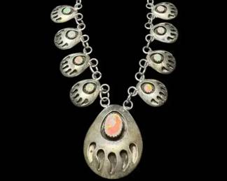 Vintage Sterling Silver Lab Opal Bear Paw Statement Necklace