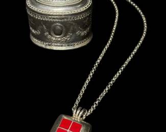 Vintage Mexican Sterling Silver Red Jasper Inlay Pendant Art Nouveau Trinket Box Set