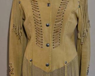 Vintage Cripple Creek Tan Suede Leather Jacket with Fringe, Beads, Studs 