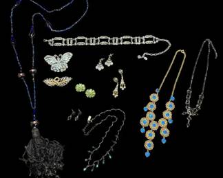Vintage Jewelry Lot 1928, Trifari, Aurora Borealis Butterfly, Cobalt Flapper More