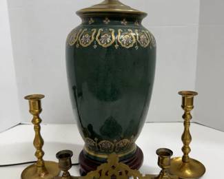 Porcelain Marbling Lamp with Gold Painted Detail, Brass Candlesticks and Letter Holder