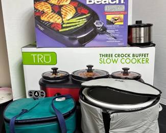 Hamilton Beach Portfolio Indoor Outdoor GrillNEW In Box, Tru 3 Crock Buffet, GE 4.5 Q Slowcooker