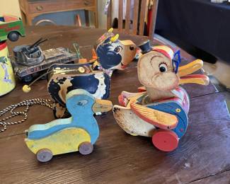 vintage Fisher-Price wooden pull toys: Dr Doodle and Moo-oo Cow
