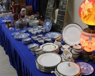 Dinnerware sets; never used, Gone with the Wind lamp, electrified.