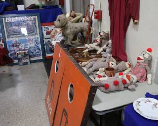 BGSU corn hole game, toys, including child's wicker rocker