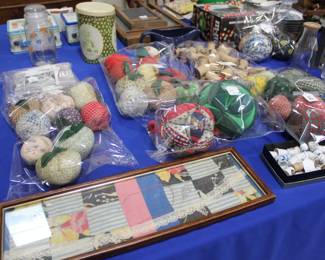 Sewing rag balls, wooden spools