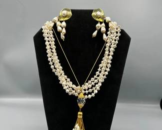 Gold Pearl Beaded Necklaces With Matching Earrings