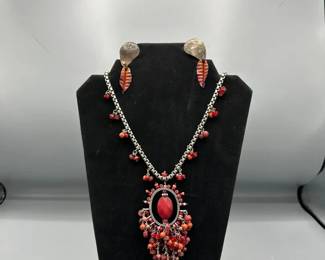 Red And Silver Necklace And Earrings Set