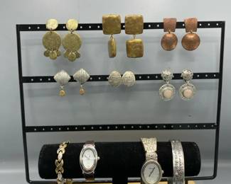 Gold Brass and Silver Earring Assortment With Bracelets