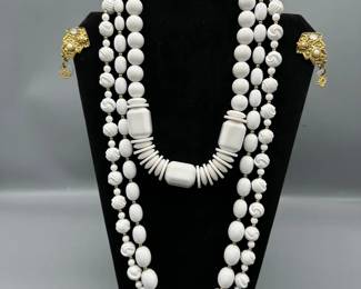 White And Gold Beaded Necklace, And Earrings Sets