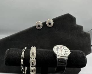 Black And Silver Chicos Watch With Matching Bracelets And Earrings