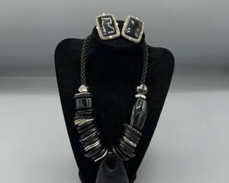 Black And Silver Beaded Necklace And Earring Sets