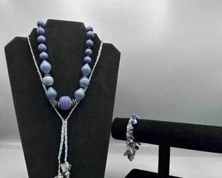 Blue Beaded Necklaces With Matching Bracelet