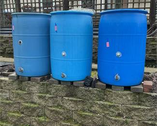 Blue Plastic Rain Barrels 55-Gallon Lot of 3 __ SPECIAL PICKUP INSTRUCTIONS  READ BEFORE BIDDING ____