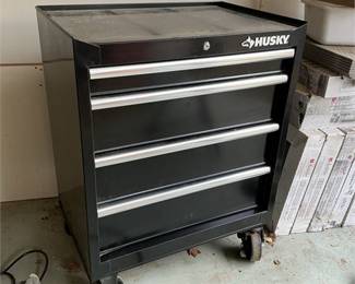 Husky 4-Drawer Rolling Tool Cabinet With Sanding Paper/Discs __ SPECIAL PICKUP INSTRUCTIONS  READ BEFORE BIDDING ____