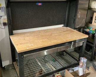 Workshop Workbench with Pegboard and Wood Top __ SPECIAL PICKUP INSTRUCTIONS  READ BEFORE BIDDING ____
