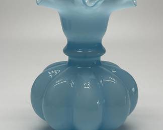 Vintage 1940s Blue Fenton Melon Vase with Ruffled Rim
