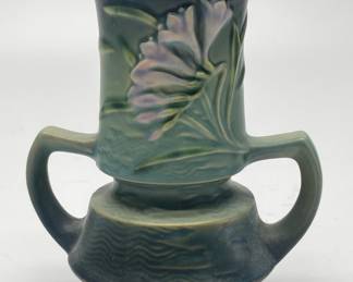 Roseville Pottery Freesia Green Handled Vase